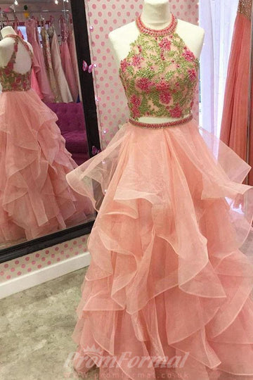 Two Piece Pink Open Back Prom Dress with Appliques JTA4541