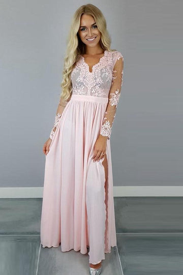 V Neck Long Sleeves Pink Chiffon Slit Prom Dress with Appliques JTA4571