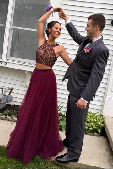 Two Piece Halter Burgundy Tulle Beading Prom Dress JTA4591