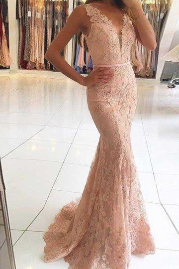 Mermaid V Neck Pink Lace Prom Dress with Beading JTA4601