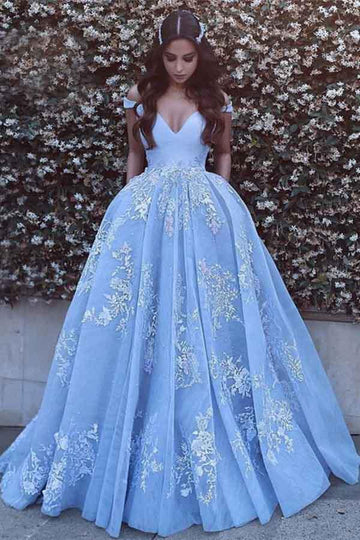 Ball Gown Off The Shoulder Blue Tulle Prom Dress JTA4641