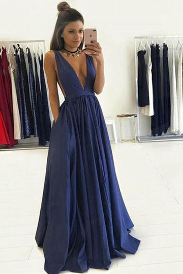V Neck Royal Blue Prom Dress with Pockets JTA4651