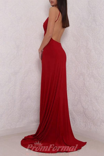 Sexy Deep V Neck High Slit Backless Red Evening Formal Dress JTA4661