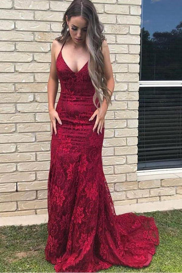 Mermaid Spaghetti Straps Burgundy Lace Prom Dress JTA4701