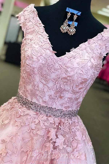 A Line V Neck Pink Tulle Beaded Appliques Prom Dress JTA4711
