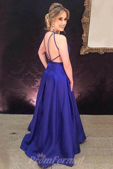 A Line Deep V Neck Royal Blue Satin Formal Dress JTA4721