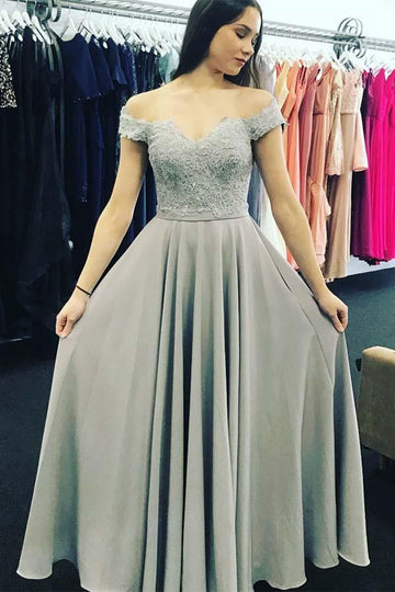 Off The Shoulder Grey Chiffon Prom Dress with Appliques JTA4731