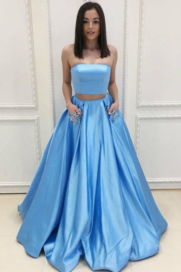 Two Piece Blue Satin Prom Dress with Pockets JTA4791