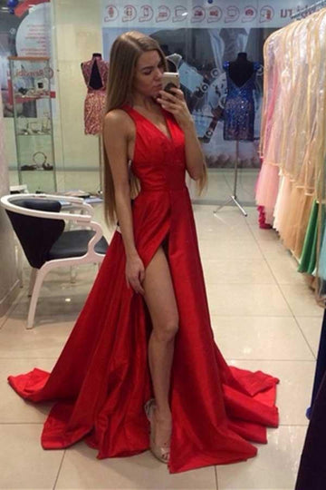 A Line Sexy Split-Front V Neck Red Prom Dress JTA4811