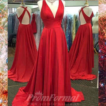 A Line Sexy Split-Front V Neck Red Prom Dress JTA4811