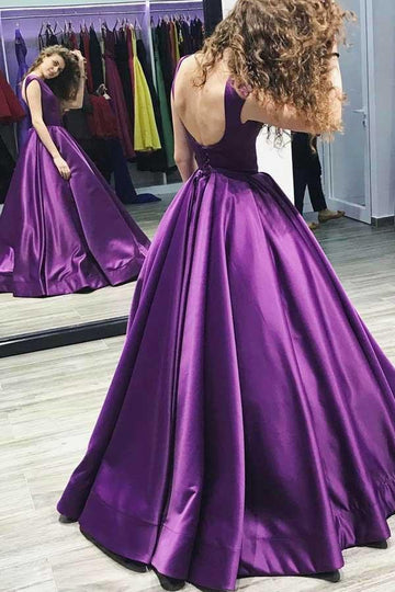 Princess V Neck Grape Satin Prom Dress JTA4821