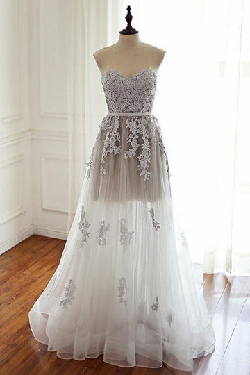 Sweetheart Silver Tulle Prom Dress with Appliques JTA4841