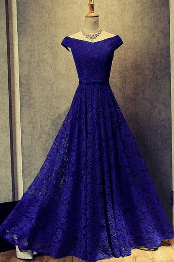 Royal Blue Off The Shoulder Lace Evening Formal Dress JTA4881
