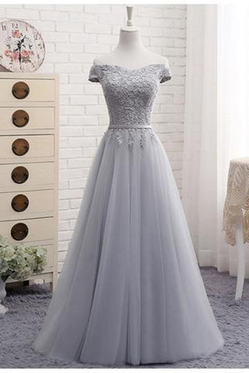 A Line Silver Gray Off The Shoulder Tulle Sweetheart Prom Dress JTA4941