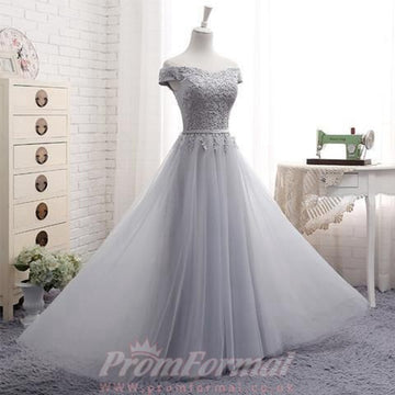 A Line Silver Gray Off The Shoulder Tulle Sweetheart Prom Dress JTA4941