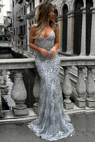 Silver Tulle V-neck Trumpet/Mermaid Long Evening Dress JTA4951