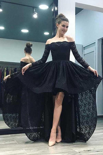 Off The Shoulder High Low Black Long Sleeves Lace Prom Dress JTA4961