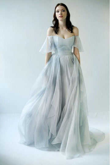 Off The Shoulder Grey Blue Long Prom Dress JTA5001