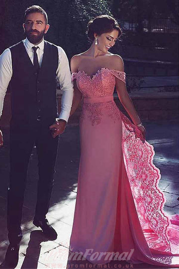 Chiffon Pink Off The Shoulder Neckline Mermaid Formal Dress JTA5021