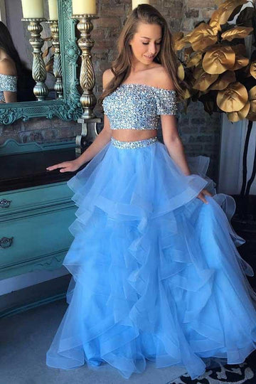 Two Piece Off The Shoulder Blue Tier Prom Dress JTA5201