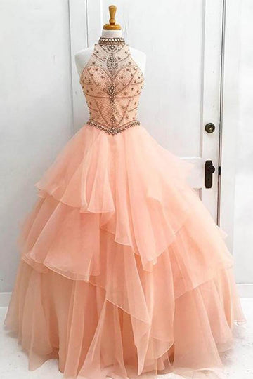 Ball Gown Halter Orange Tulle Prom Dress JTA5211