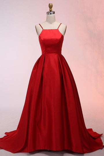 A Line Spaghetti Straps Red Satin Prom Dress JTA5291