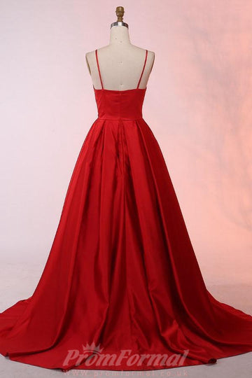 A Line Spaghetti Straps Red Satin Prom Dress JTA5291