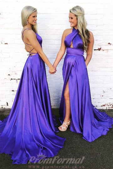 Halter Satin Purple Prom Formal Dress with Open Back JTA5381