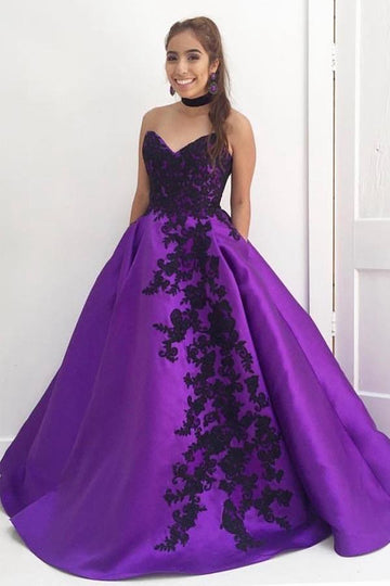 Sweetheart Ball Gown Purple Long Prom Dress with Black Appliques JTA54411