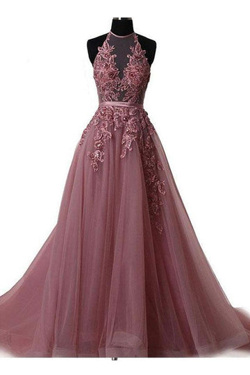 Junior Halter Lace Applique Prom Dress JTA5501