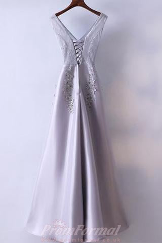Silver Lace A Line V Neck Prom Dress JTA5531