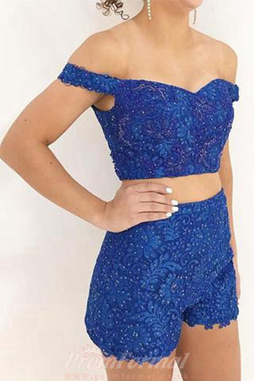 Detachable Two Pieces Royal Blue Lace Off The Shoulder Prom Dress JTA5571