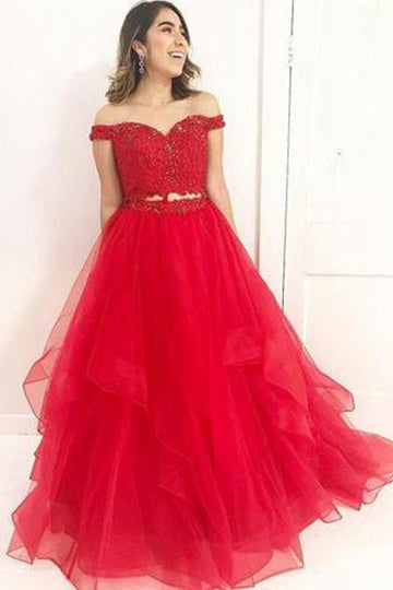 Red Off The Shoulder Lace Two Pieces A line Prom Dress JTA5581