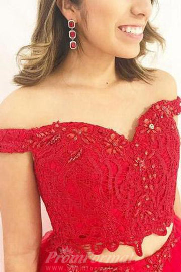 Red Off The Shoulder Lace Two Pieces A line Prom Dress JTA5581