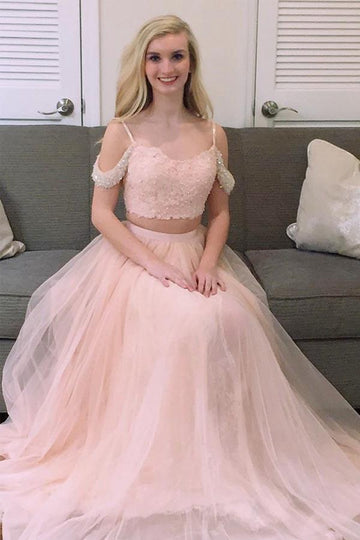 Princess Two Piece Pink Tulle Long Prom Dress JTA5701
