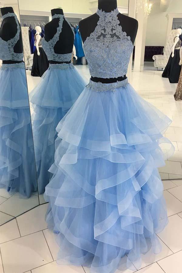 Princess Two Piece Lace Ruffle Light Blue Prom Dress JTA5791 Princess Two Piece Lace Ruffle Light Blue Prom Dress JTA5791