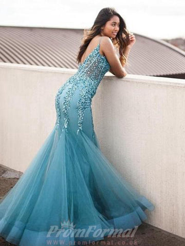 Ink Blue V Neck Mermaid Lace Evening Dress JTA5821