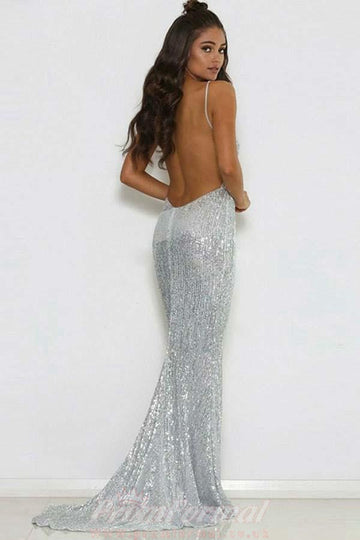 Mermaid Spaghetti Straps Silver Sequined Evening Dress JTA5891