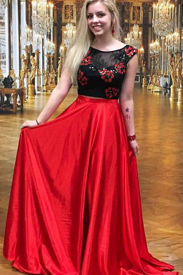 Two Piece Red Satin Prom Dress with Lace Appliques JTA5901