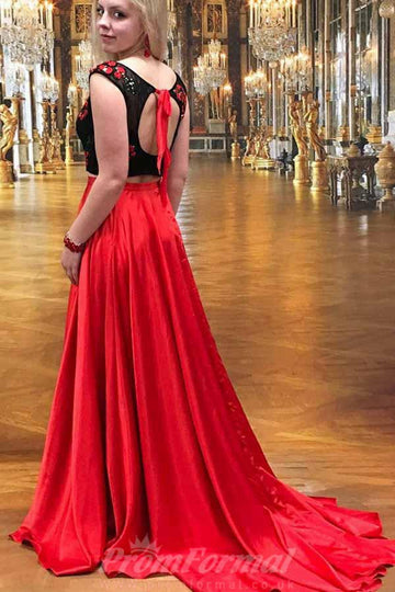 Two Piece Red Satin Prom Dress with Lace Appliques JTA5901