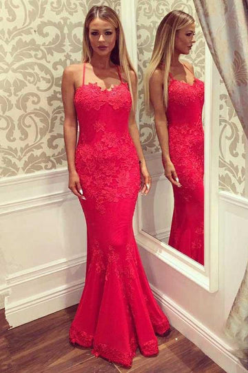 Mermaid Sweetheart Straps Red Satin Prom Dress with Appliques JTA5921