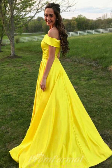 Off The Shoulder Yellow Satin Prom Dress with Pockets JTA5941