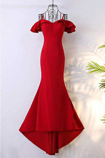 Off The Shoulder Red Mermaid Prom Dress With Train JTA5961