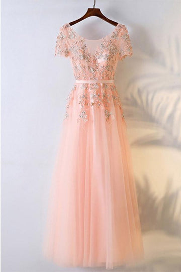 A Line Peach Pink Prom Dress Short Sleeves JTA6001
