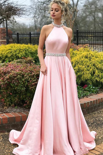 A Line Pink Satin Prom Dress with Beading JTA6021