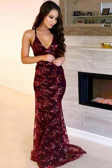 Mermaid Sequined Burgundy Evening Dress JTA6091