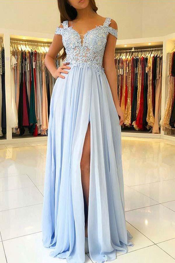 A Line Light Blue Chiffon Prom Dress with Appliques JTA6101 A Line Light Blue Chiffon Prom Dress with Appliques JTA6101
