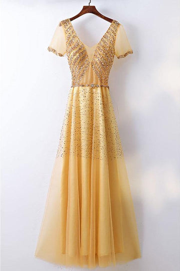 A Line Bling Bling Sparkly Gold Formal Prom Dress With Sleeves JTA6141