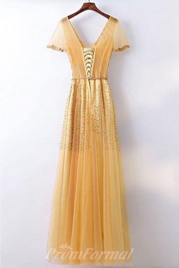 A Line Bling Bling Sparkly Gold Formal Prom Dress With Sleeves JTA6141