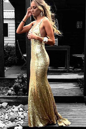 Mermaid V Neck Gold Sequined Prom Dress with Appliques JTA6151
